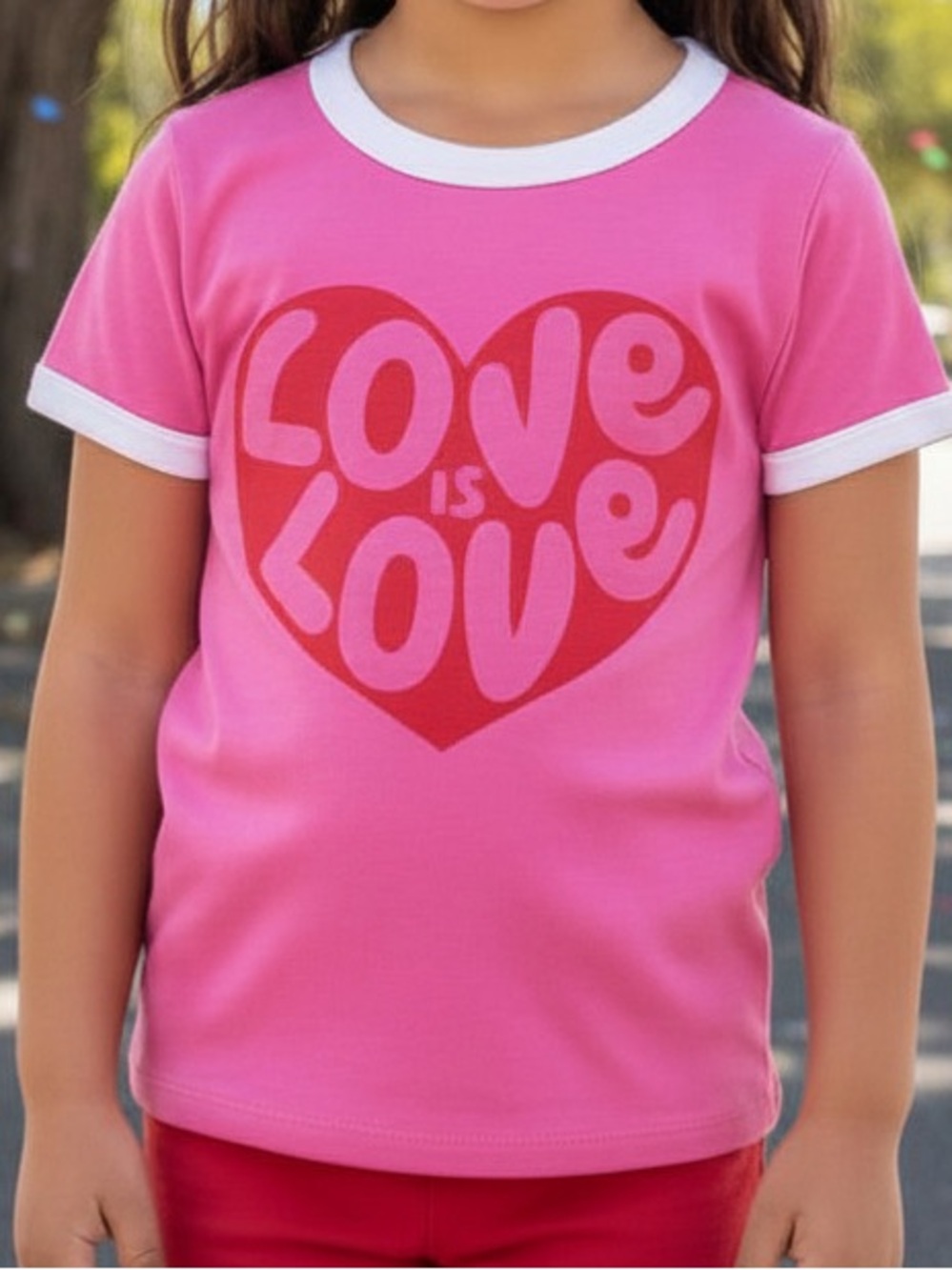 Organic 'Love Is Love'  Graphic Tee with White Trim Size 6